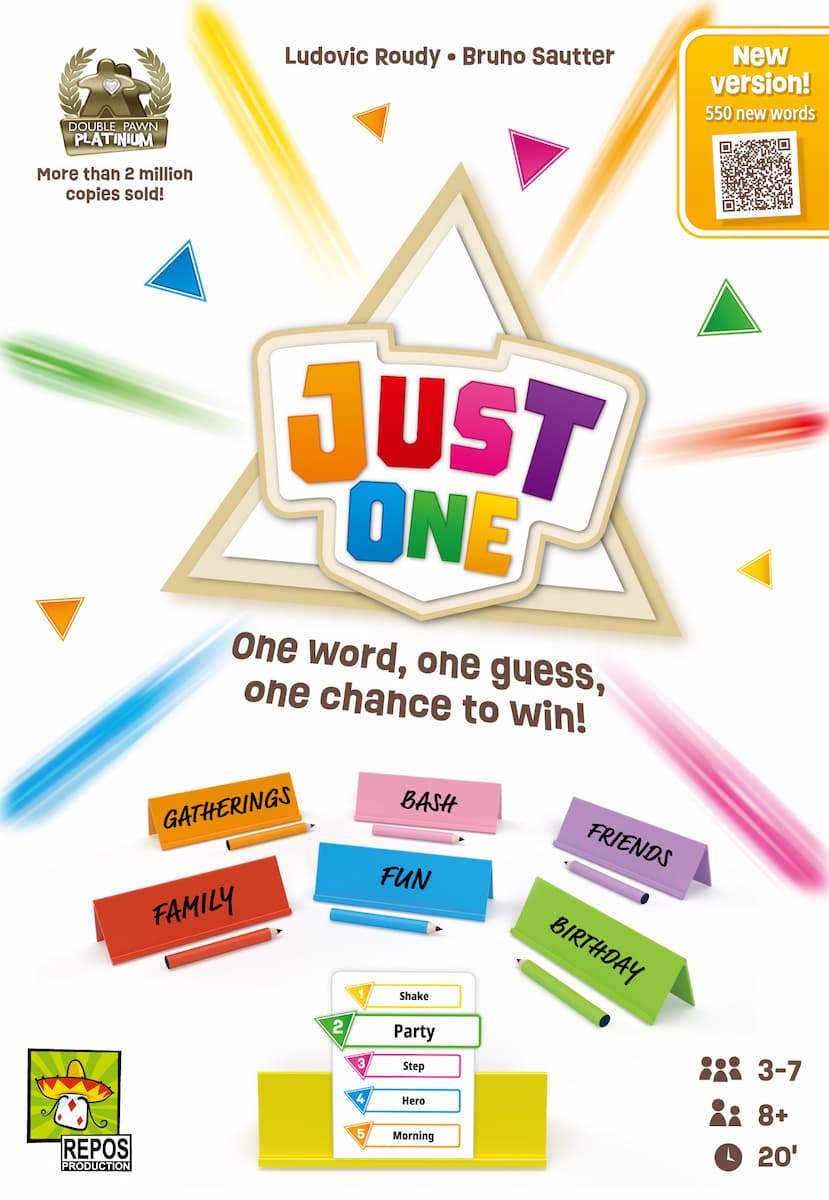 Just One the board game was published by Repos Production and the board game manufacturer was Boda Games Manufacturing.